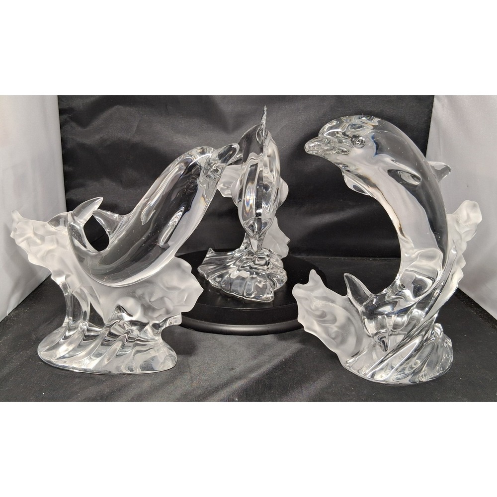 Lenox Crystal Dolphin Figurine Set of 3 Frosted Glass Base Nautical Decor Clear